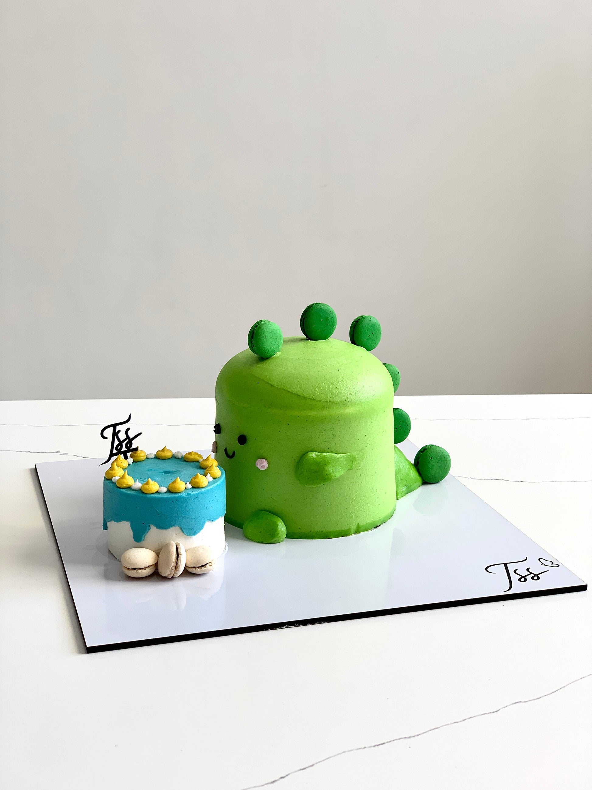 Colorful shaped cakes from The Sinful Spoon featuring vibrant, creatively designed dessert shapes on a white plate.